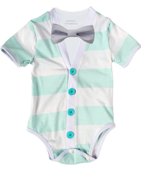 Baby Boy Cardigan Outfit with Bow Tie Mint - Preppy Baby Outfit - Short Sleeve - Baby Boy Clothes - Stripes - Summer - Spring - Noah's Boytique