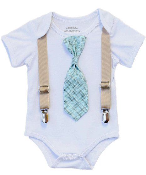 Baby Boy Suspender Outfit - Light Blue Plaid Tie - Tan Suspenders - Baby Boy Clothes - Toddler - Tie Outfit - Baby Ties - Spring - Wedding - Noah's Boytique