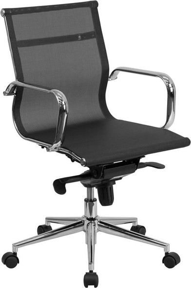 Commercial Grade Mid-Back Transparent Black Mesh Executive Swivel Office Chair with Synchro-Tilt Mechanism and Arms
