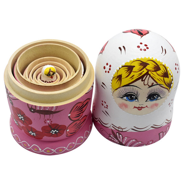 Pink Wooden Matryoshka Nesting Dolls 7 Pieces