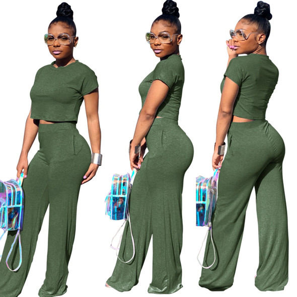 Casual Wide Leg Crop Top Pants Set with pockets