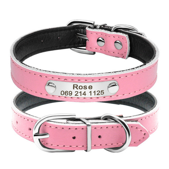 Leather Dog Collar with Engraved Nameplate ID Tag