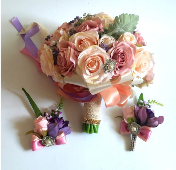 Wedding Bouquet Set Boutonniere and Wrist Flower Corsage Bouquet Bridesmaid Bridal Bouquet