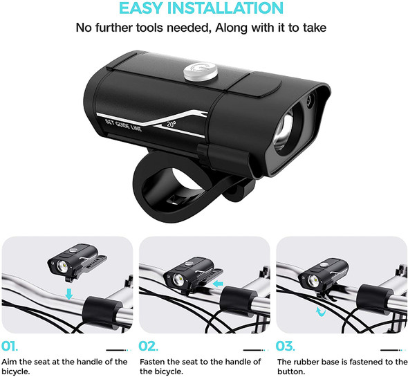 Usb Rechargeable Bike Headlight and Back Light Set, 5 Light Mode Options Fits All Bicycles.