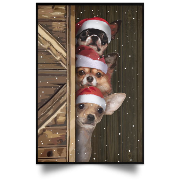 Chihuahua Sneaky Behind Door Poster Funny Santa Dog Christmas Poster Rustic Wall Decor