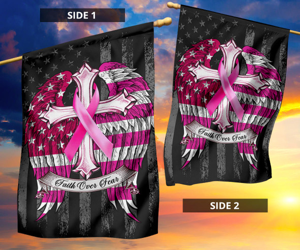 Faith Over Fear Pink Ribbon With Angel Wings American Flag Breast Cancer Flag Family Wall Art