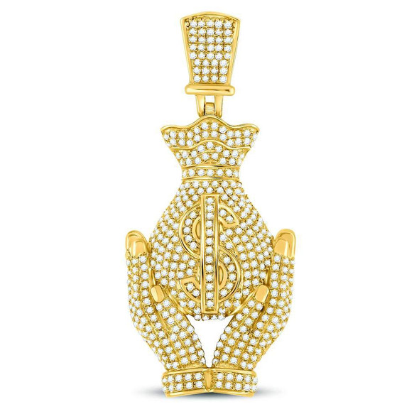 Men's Diamond Charm Pendant |  10kt Yellow Gold Mens Round Diamond Money Bag Hands Charm Pendant 2 Cttw |  Splendid Jewellery