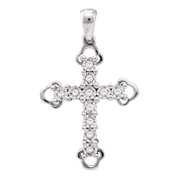 Diamond Cross Pendant |  Sterling Silver Womens Round Diamond Trefoil Tips Cross Pendant 1/8 Cttw |  Splendid Jewellery