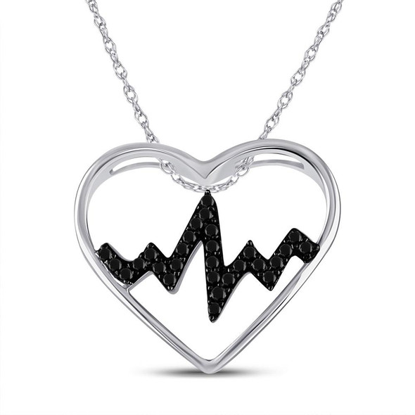 Diamond Heart & Love Symbol Pendant |  Sterling Silver Womens Round Black Color Enhanced Diamond Heartbeat Heart Pendant 1/10 Cttw |  Splendid Jewellery