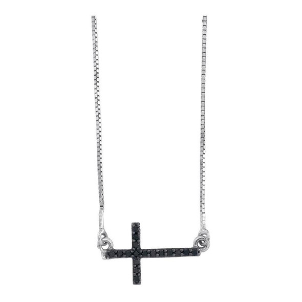 Diamond Pendant Necklace |  Sterling Silver Womens Round Black Color Enhanced Diamond Horizontal Cross Necklace 1/10 Cttw |  Splendid Jewellery