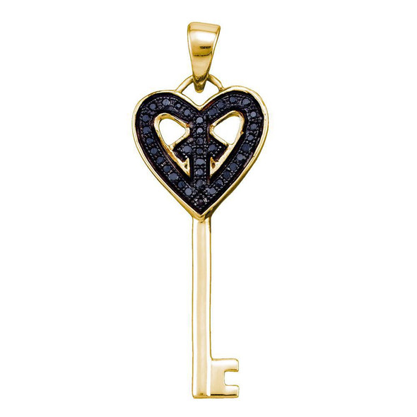 Diamond Key Pendant |  Yellow-tone Sterling Silver Womens Round Black Color Enhanced Diamond Key Pendant 1/10 Cttw |  Splendid Jewellery