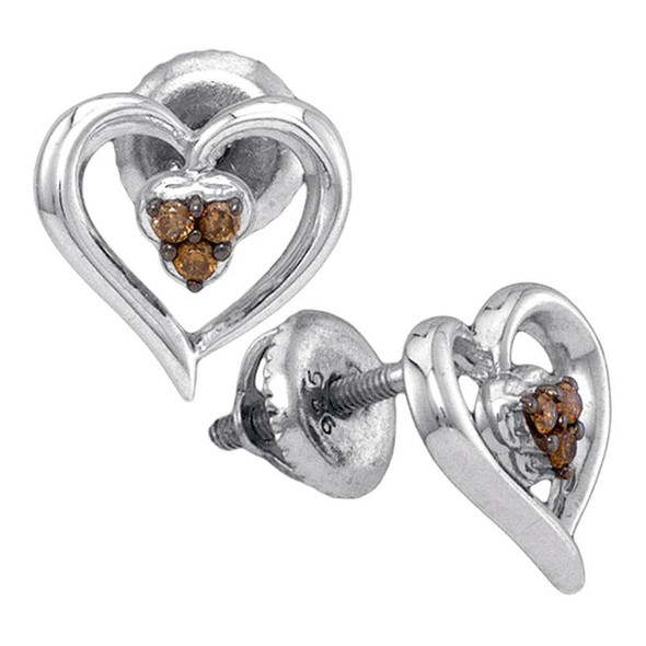 Earrings |  Sterling Silver Womens Round Brown Diamond Heart Earrings 1/20 Cttw |  Splendid Jewellery