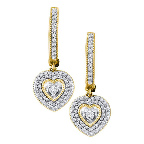 Earrings |  10kt Yellow Gold Womens Round Diamond Heart Dangle Earrings 3/4 Cttw |  Splendid Jewellery