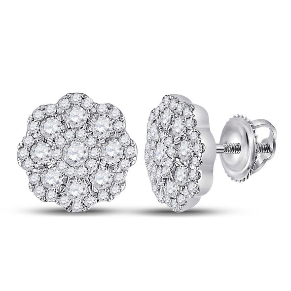 Earrings |  14kt White Gold Womens Round Diamond Flower Cluster Earrings 3/4 Cttw |  Splendid Jewellery