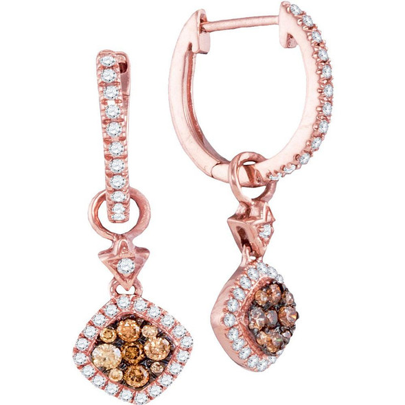 Earrings |  14kt Rose Gold Womens Round Brown Diamond Hoop Square Dangle Earrings 1/2 Cttw |  Splendid Jewellery