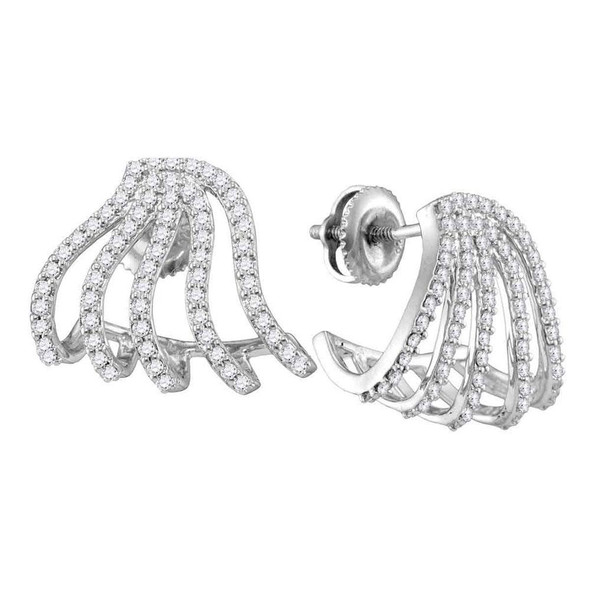 Earrings |  10kt White Gold Womens Round Diamond Lobe Half Hoop Earrings 5/8 Cttw |  Splendid Jewellery