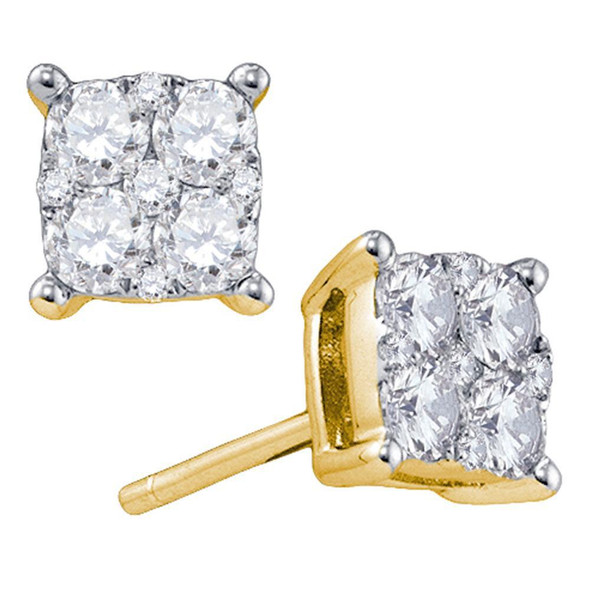 Earrings |  18kt Yellow Gold Womens Round Diamond Square Cluster Earrings 5/8 Cttw |  Splendid Jewellery