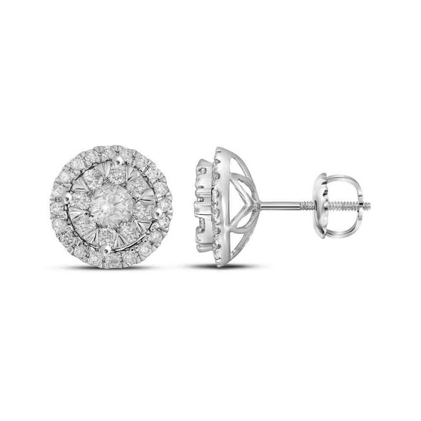 Earrings |  14kt White Gold Womens Round Diamond Concentric Circle Frame Cluster Earrings 1 Cttw |  Splendid Jewellery