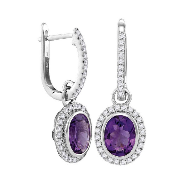 Earrings |  14kt White Gold Womens Round Natural Amethyst Diamond Oval Dangle Earrings 2-3/8 Cttw |  Splendid Jewellery