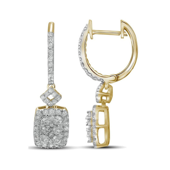 Earrings |  14kt Yellow Gold Womens Round Diamond Rectangle Dangle Hoop Earrings 7/8 Cttw |  Splendid Jewellery