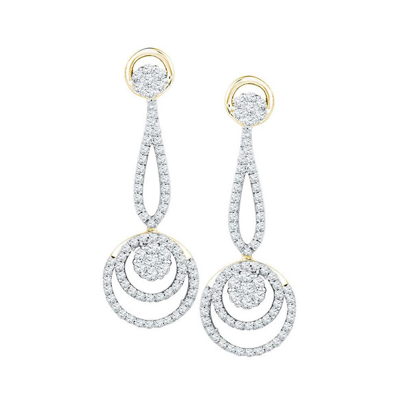 Earrings |  10kt Yellow Gold Womens Round Diamond Circle Cluster Dangle Earrings 1 Cttw |  Splendid Jewellery