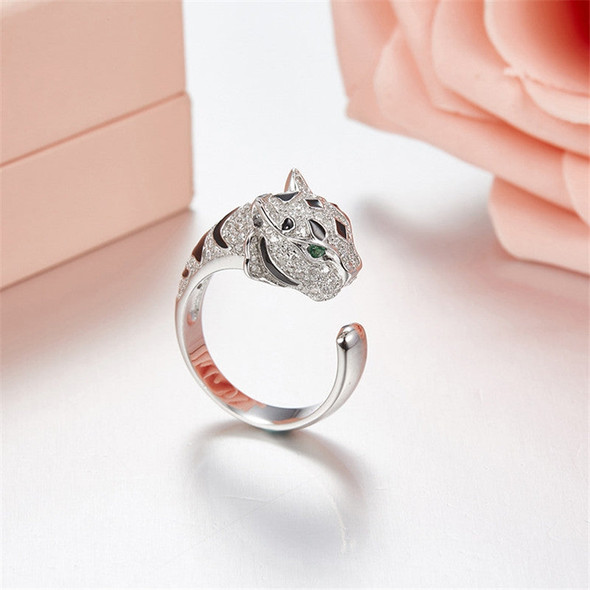 S925 Pure Silver Crystal Diamond Leopard Opening Ring Size 11