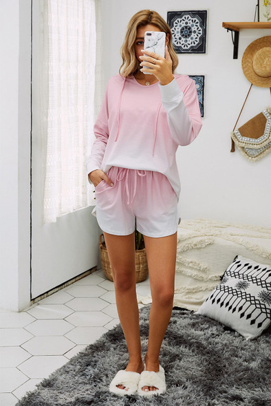 Pink Dip Dye Hooded Lounge Sweatshirt Shorts Set