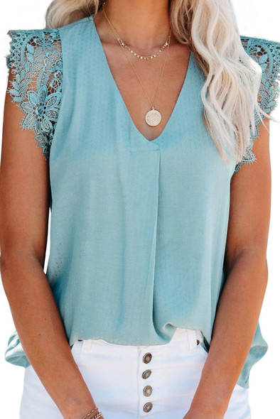 Sky Blue Sleeveless Crochet Lace Blouse