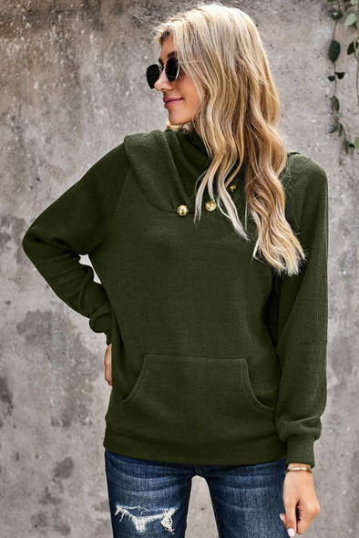 Green Waffle Knit Hooded Top with Asymmetrical Button Detail