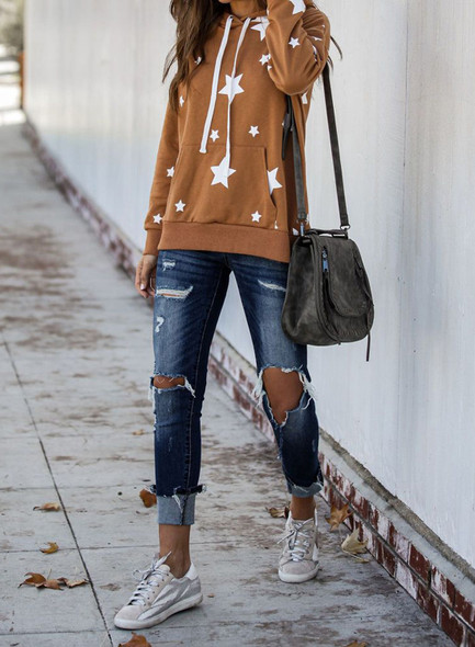 Brown Hooded Cotton Blend Star Sweatshirt