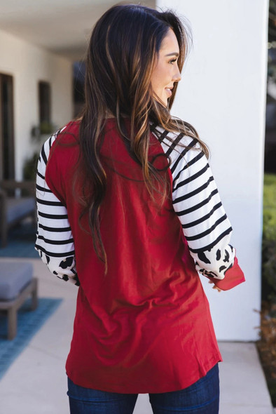 Red Striped Animal Print Colorblock Long Sleeve Top