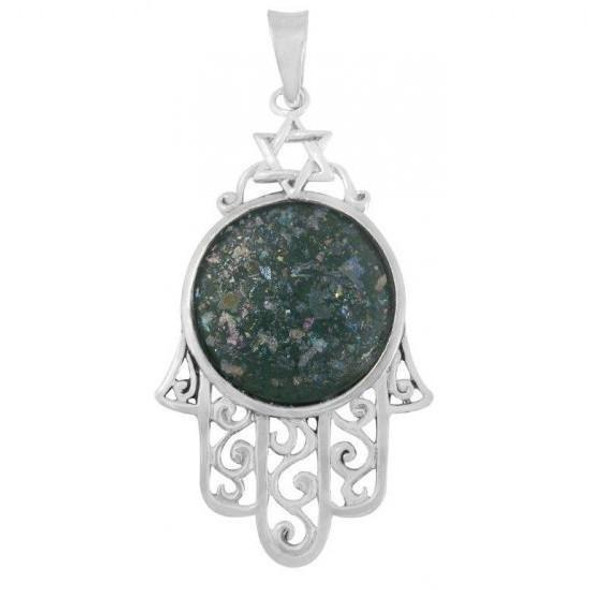 Roman Glass Hamsa Necklace Pendant