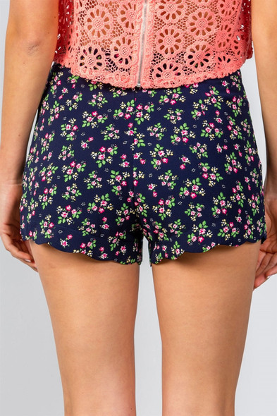 Ladies fashion navy floral print scalloped hem shorts