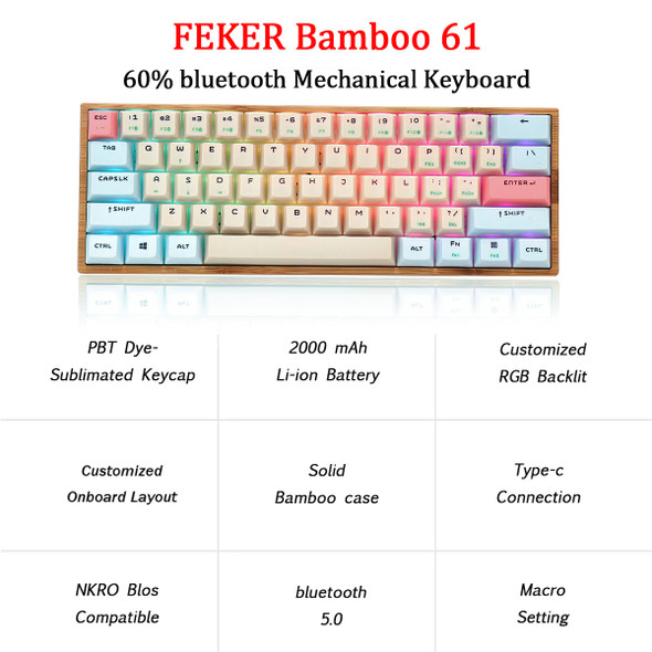Feker 61 Keys Bamboo Base Mechanical Keyboard USB Wired Bluetooth5.0 Dual Mode Gateron Switch RGB Backlit Gaming Keyboard