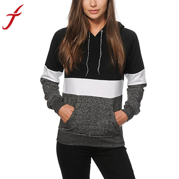 Black Blouse Women New 2016 Autumn Winter Long Sleeve Patchwork Hooded Top Blouse Sweatshirt 100%Cotton