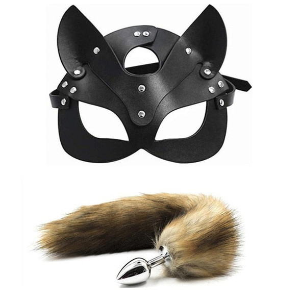 Fox Tail Anal Plug Metal Anus Butt Plug Adult Sex Products SM Women Leather Eye Mask and Collar Catwoman Cosplay Adult Games