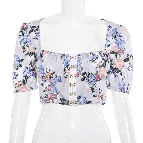 Cryptographic Fashion Vintage Floral Print Square Collar Puff Sleeve Hooks Sexy Blouses Shirts Women Tops 2019 Shirts Summer Top