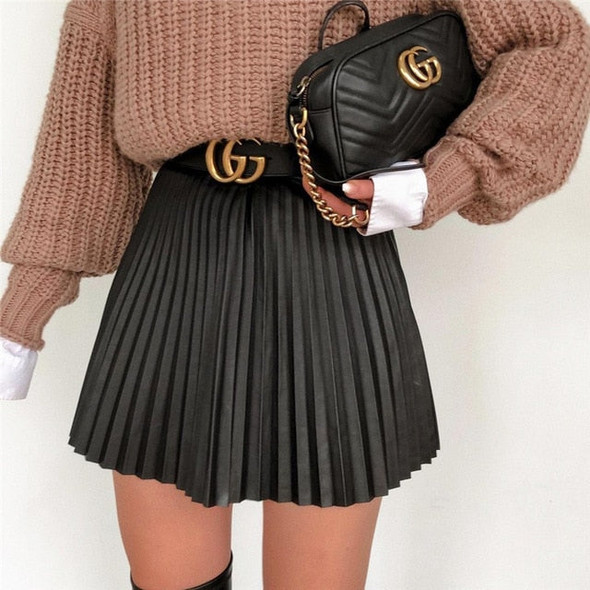 Irene Black Leater Pleated Skirt Women Casual A-Line 2021 Fashion Pu Sexy Party Mini Skirt