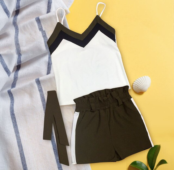 MVGIRLRU Summer Casual Two Piece Set V Neck Sling Top and Belted Elastic Waist Shorts Women Suits