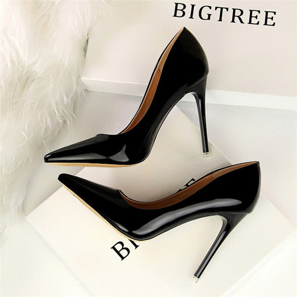 Women Pumps 10.5cm High Thin Heels Pointed Toe Solid Shallow Sexy Office Lady Gold Silver Patent Leather Heels Big Size Shoes