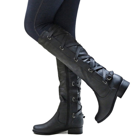 Women Leather Knee High Boots Fashion Cross Strap Winter Low Heels Long Boots Western Side Zipper Buckle Black Motorcycle Boots