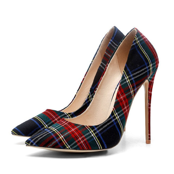 WETKISS Big Size 33-45 Stiletto Heels Women Pumps Plaid Pointed Toe Shallow Thin Heels Footwear 2019 Spring Party Ladies Shoes