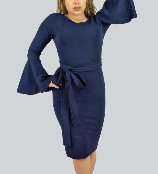 Bodycon Dress with Bell Sleeves and Belt