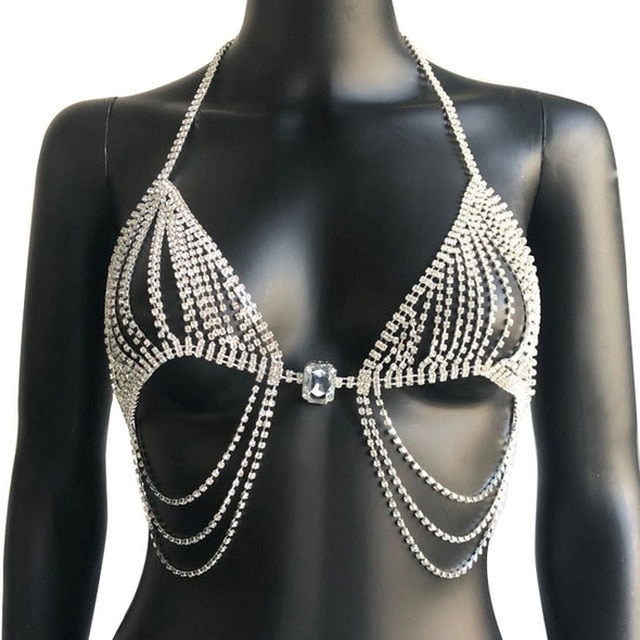 Sexy Stage Costume Women Chain Shiny Rhinestone Bikini Crystal  Party Rave Outfit Gogo Party Clothing Nightclub Dj Wear DT2895