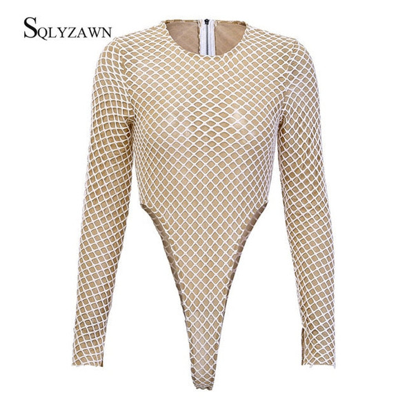 Sexy Full Sleeve Bodysuit Plaid Fishnet Mesh Rompers Women Streetwear 2019 Autumn Double Layer Female Semi-transparent Bodysuits