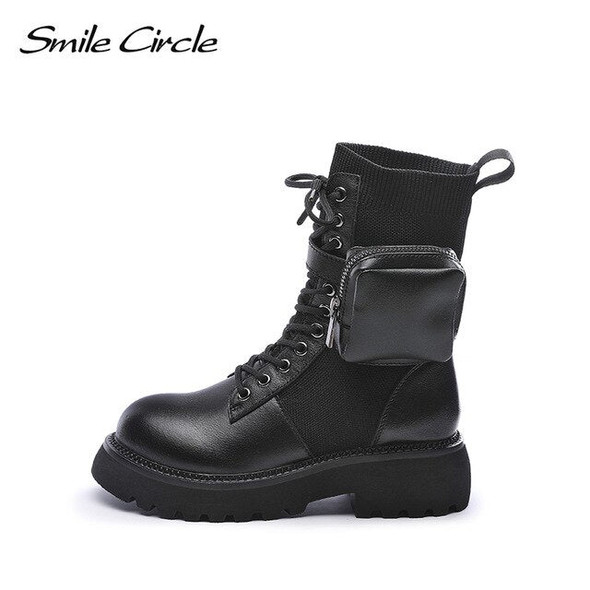 Smile Circle Genuine Leather Boots women Fashion chunky High heels Ladies Short Boots shoes autumn winter boots