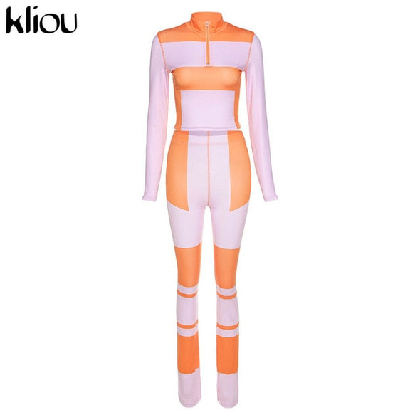 Kliou Color Blocking Casual Women Two Piece Sets Autumn Tracksuits Workout Long Sleeve Top And Pants Female Sportswear Outfits