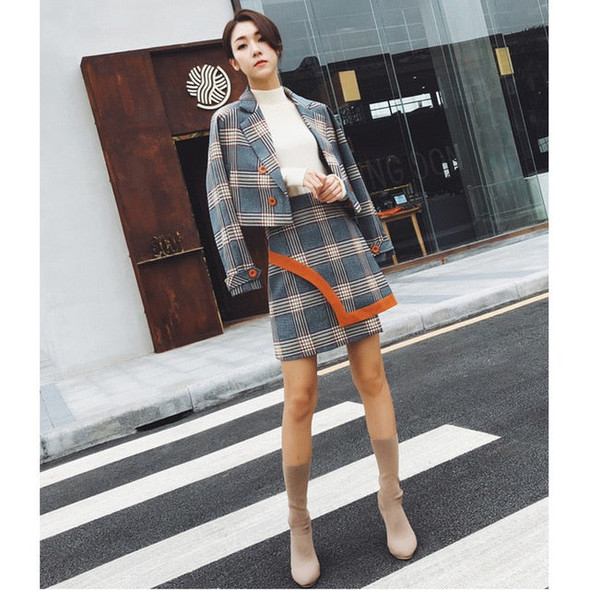 Spring Autumn Two Piece Plaid Skirt Suit Set Women Korean Style Female Set Mini Skirt And Short Jackets Double Breast