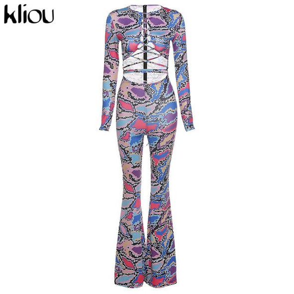 Kliou Hollow Out Lace Up Drawstring Print Boot Cut Jumpsuit Women Sexy Bandage Sling Zipper Skinny Cropped Hot Female Streetwear