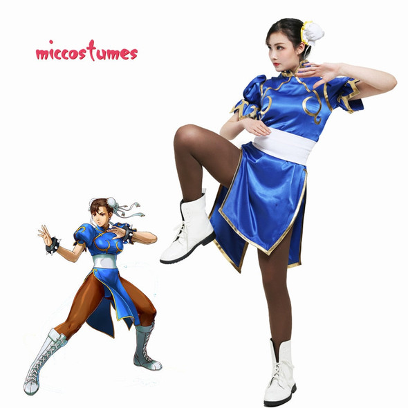 Chun Li Cosplay Costume for Adult Blue Cheongsam Halloween Party Dress Women Outfit